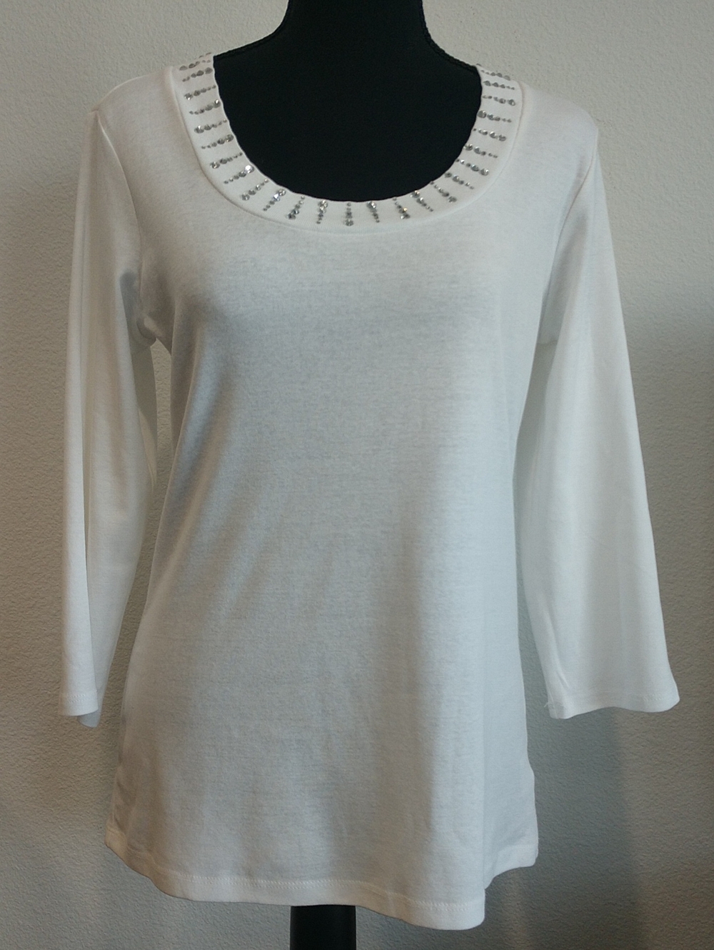 Style & Co. White Long-Sleeve Scoop Neck Top with Bead Detail